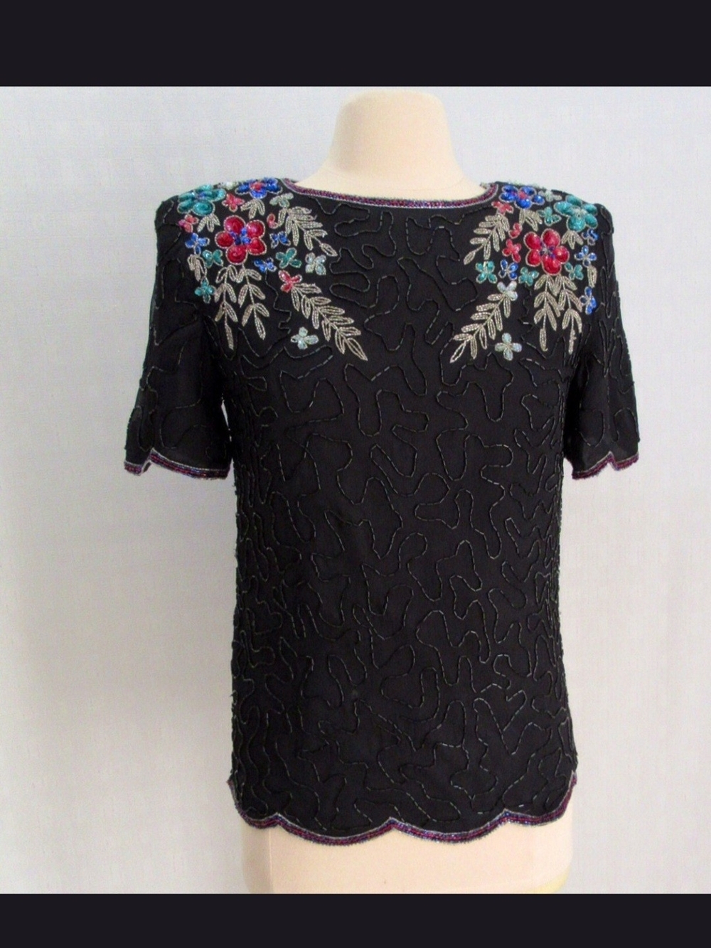 Vintage Leslie Fay Eveming Black Short-Sleeve Beaded Floral Top